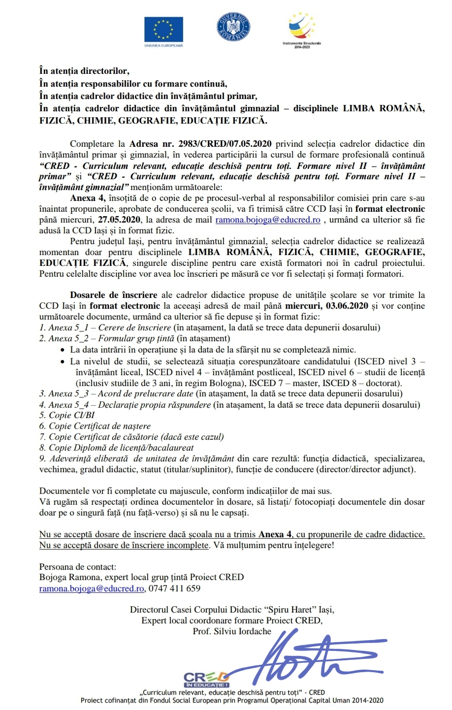 Anunt documente dosar de inscriere CRED gimnaziu 11.05.2020